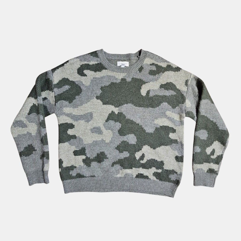 Lucky Brand Camo Crew Neck Sweater S Wool Blend Knit Pullover Grunge Outdoor